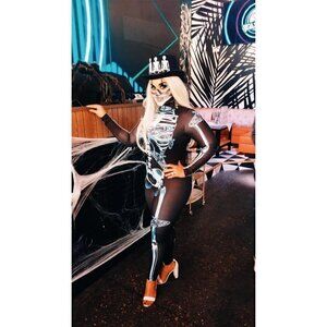 3D White Skeleton Halloween Costume Cosplay Jumpsuit Bodysuit Long Sleeve NWT